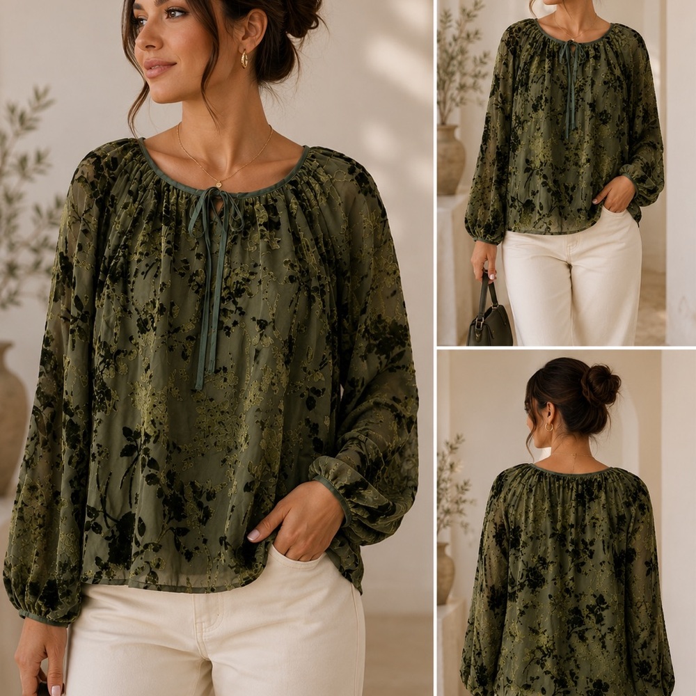 Olive Green Tie-Front Sheer velvet Blouse-Sheer Long Sleeve Tie Neck Top